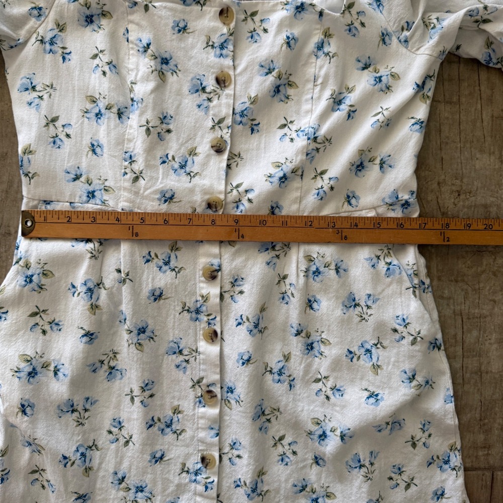 Old Navy Floral Puff Sleeve Button Up Mini Dress White Blue Square Neck Smocked - Picture 5 of 12